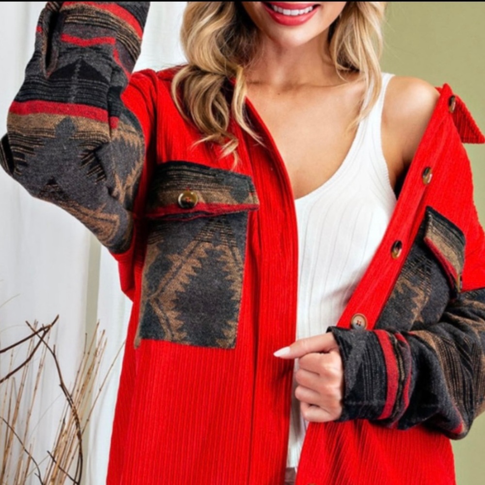 EESOME SUPER CUTE Red Patched Shacket size Medium but will fit Large